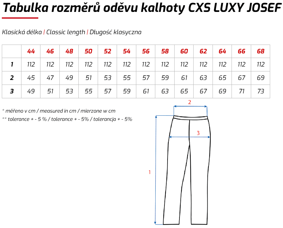 CANIS CXS LUXY JOSEF montérkové kalhoty pánské 100% bavlna černo-oranžové tabulka velikostí