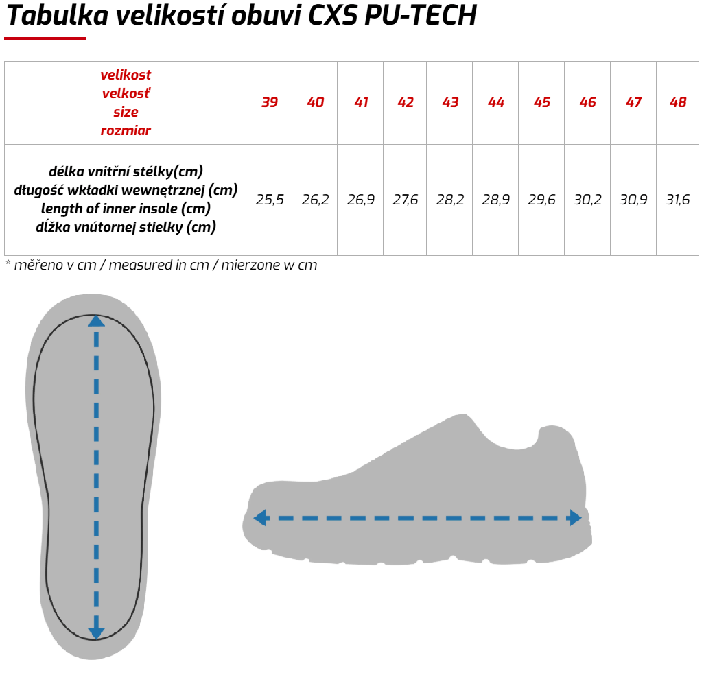 CANIS CXS PU TECH ZIREX O2 Pracovní polobotky černé tabulka velikostí