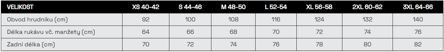 BENNON strečová pracovní bunda pánská černá tabulka velikostí