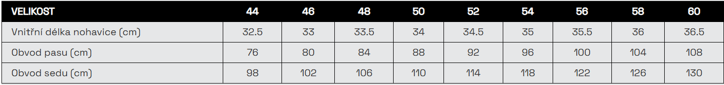 Strečové sportovní kraťasy Bennon Fobos pro pohodlný pohyb, tabulka velikostí