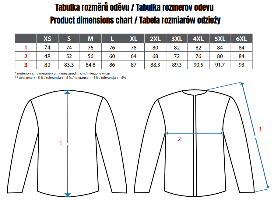 Fleecová pracovní bunda CXS Otawa pro teplo a pohodlí, tabulka velikostí