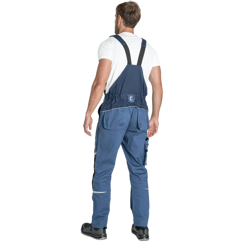 Pánské zahradníky ČERVA STIRLING STRETCH strečové pracovní kalhoty s laclem modré ze zadu