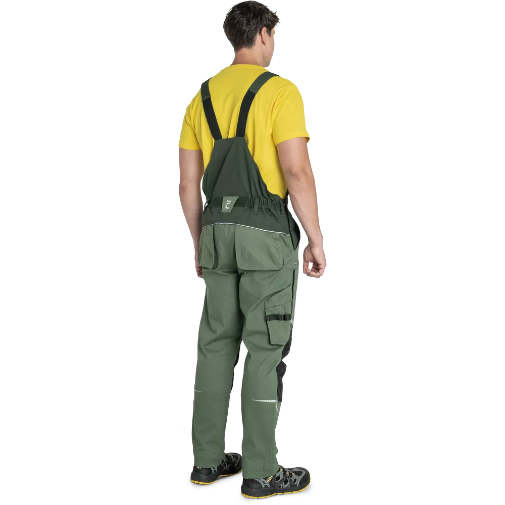 Pánské zahradníky ČERVA STIRLING STRETCH strečové pracovní kalhoty s laclem zelené ze zadu
