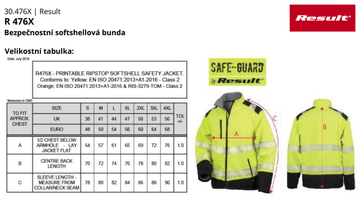 Bezpečnostní bunda COTTON CLASSICS RESULT R476X pánská reflexní softshellová bunda Hi-Vis žlutá, tabulka velikostí
